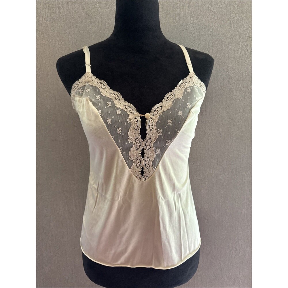 Vintage 70s Vanity fair Nylon Antron III Camisole Sheer Mesh Lace Cream 32